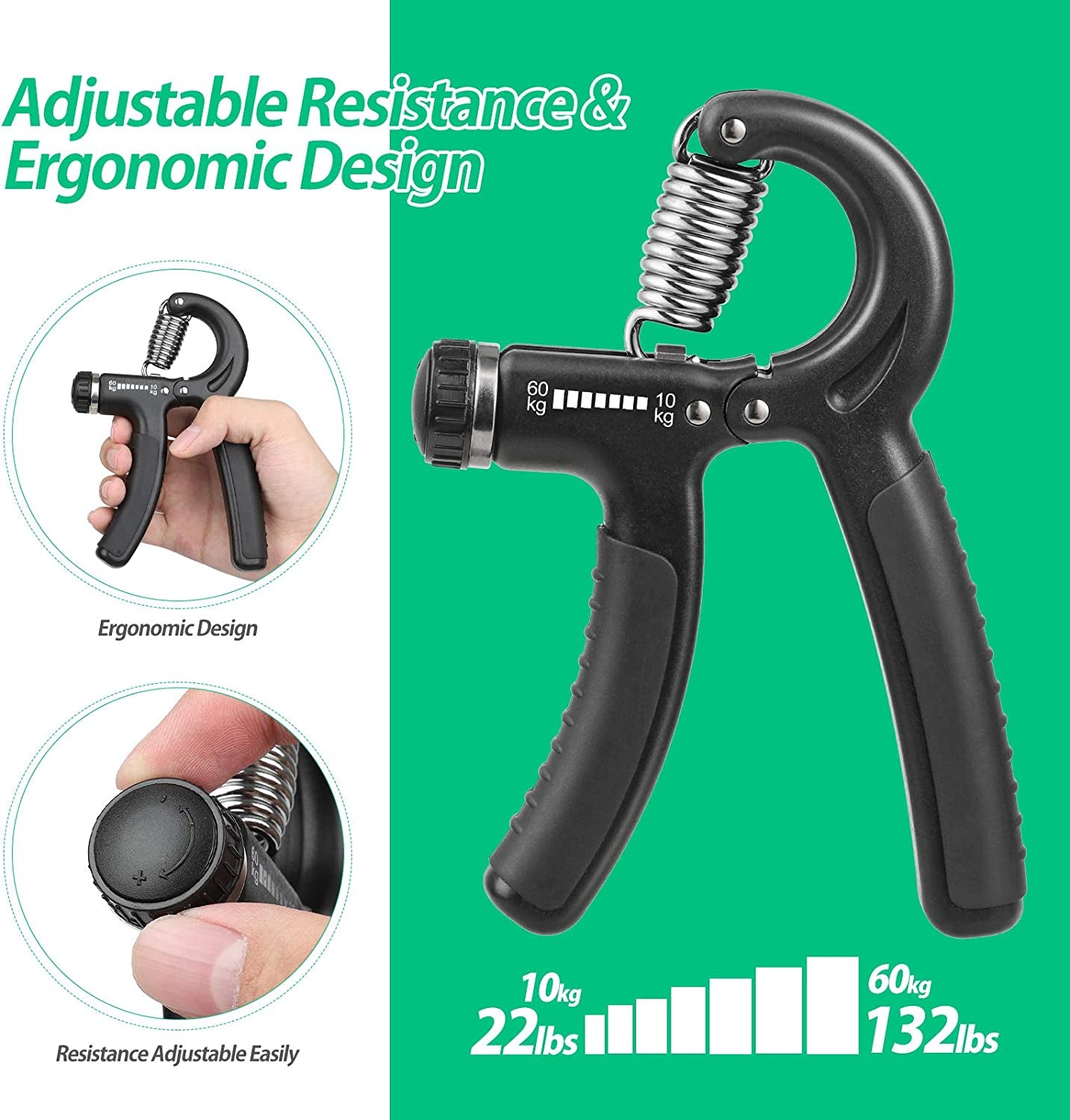 Hand Grip, Antebrazo Ejercitar, Fortalecedor De Agarre De Manos, Resistencia Ajustable 10-60Kg (22-132Lbs), Ejercitador De Manos Antideslizante, Para Músicos Atletas